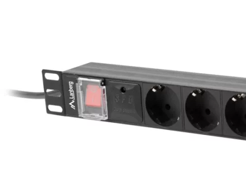 Lanberg PDU-08F-0200-BK 19" 1U 8xSchuko aljzat Schuko csatlakozóvéggel 2m fekete elosztósor kapcsolóval