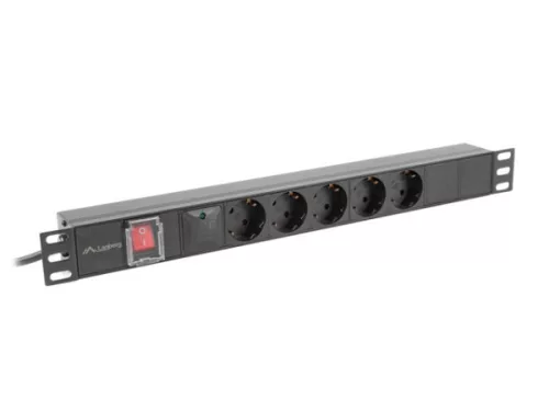 Lanberg PDU-05F-0200-IEC-BK 19" 1U 5xSchuko aljzat C14 csatlakozóvéggel 2m fekete elosztósor kapcsolóval