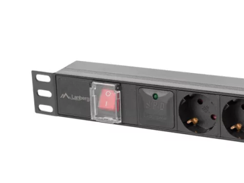 Lanberg PDU-05F-0200-IEC-BK 19" 1U 5xSchuko aljzat C14 csatlakozóvéggel 2m fekete elosztósor kapcsolóval