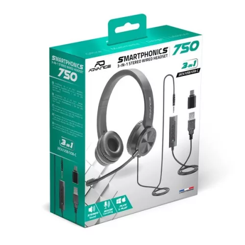 Advance Fejhallgató - SMARTPHONICS 750 (3,5mm Jack/USB, 1,9m kábel, fekete)