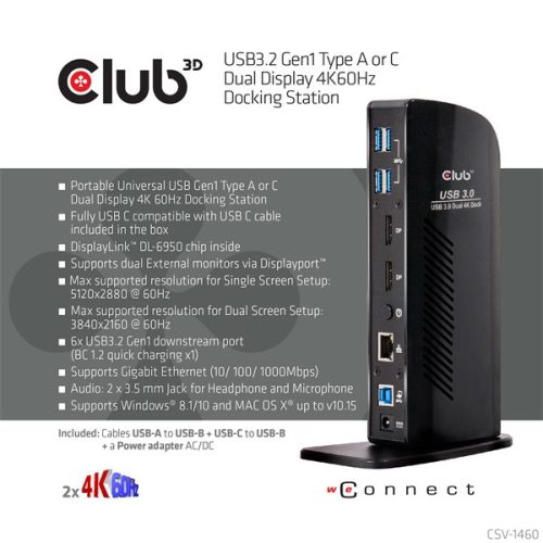 Club 3D Notebook Dokkoló - CSV-1460 (4K60HZ DUAL DISPLAY, 3.1 USB-A to 2x DP, 6x USB3.2, RJ45, 3.5 Jack Audio + Mic)