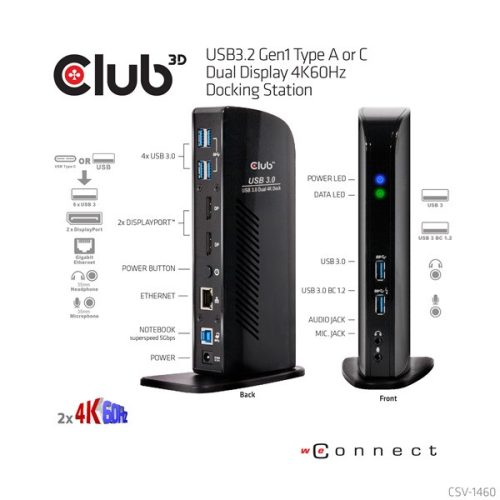 Club 3D Notebook Dokkoló - CSV-1460 (4K60HZ DUAL DISPLAY, 3.1 USB-A to 2x DP, 6x USB3.2, RJ45, 3.5 Jack Audio + Mic)