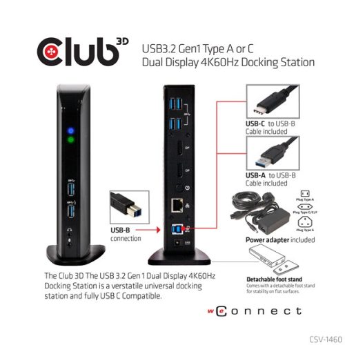 Club 3D Notebook Dokkoló - CSV-1460 (4K60HZ DUAL DISPLAY, 3.1 USB-A to 2x DP, 6x USB3.2, RJ45, 3.5 Jack Audio + Mic)