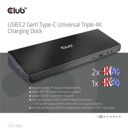 Club 3D Notebook Dokkoló - CSV-1562 (60W, 3.2 USB-C to 3xHDMI, 2x DP, 6x 3.2 USB-A, RJ45. 3,5 Jack)