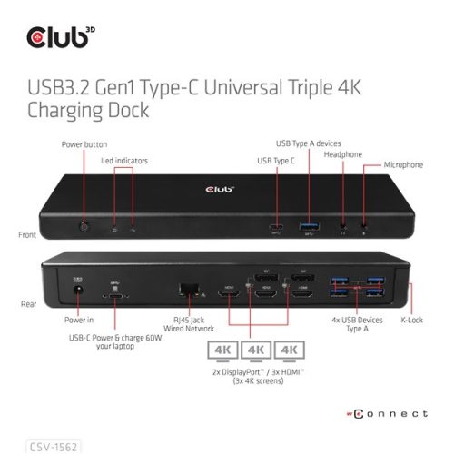 Club 3D Notebook Dokkoló - CSV-1562 (60W, 3.2 USB-C to 3xHDMI, 2x DP, 6x 3.2 USB-A, RJ45. 3,5 Jack)