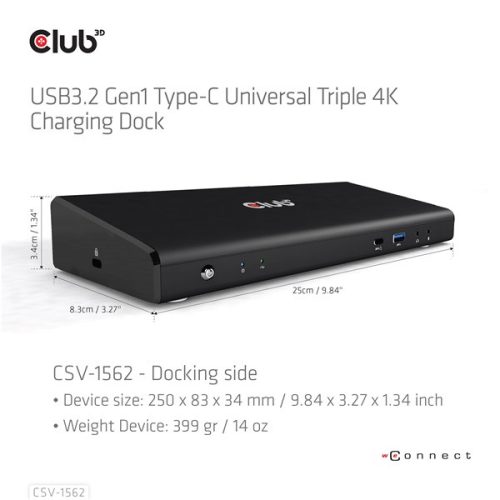 Club 3D Notebook Dokkoló - CSV-1562 (60W, 3.2 USB-C to 3xHDMI, 2x DP, 6x 3.2 USB-A, RJ45. 3,5 Jack)