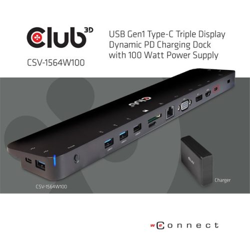 Club 3D Notebook Dokkoló - CSV-1564W100 (100W, 3.2 USB-C to 3xUSB-A 3.2, 5x USB-A,HDMI, PD, VGA, RJ45, SD, Micro SD, 3,5