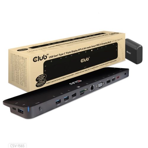 Club 3D Notebook Dokkoló - CSV-1565 (100W, USB-C to 5xUSB-A Gen 1, 2x USB-A 2.0, HDMI, DP,VGA, RJ45, Micro SD, 3,5 Jack)