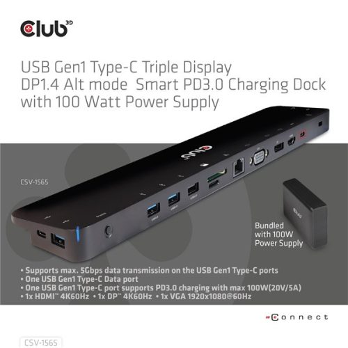 Club 3D Notebook Dokkoló - CSV-1565 (100W, USB-C to 5xUSB-A Gen 1, 2x USB-A 2.0, HDMI, DP,VGA, RJ45, Micro SD, 3,5 Jack)