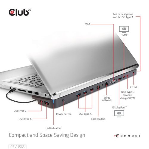 Club 3D Notebook Dokkoló - CSV-1565 (100W, USB-C to 5xUSB-A Gen 1, 2x USB-A 2.0, HDMI, DP,VGA, RJ45, Micro SD, 3,5 Jack)