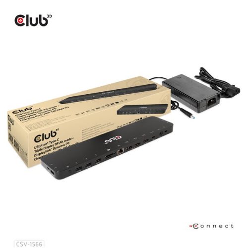 Club 3D Notebook Dokkoló - CSV-1566 (120W, USB-C to 5x USB-A Gen 1, USB-C  Gen 1, 2xHDMI, DP, RJ45, SD.TF. 3,5 Jack, DC)