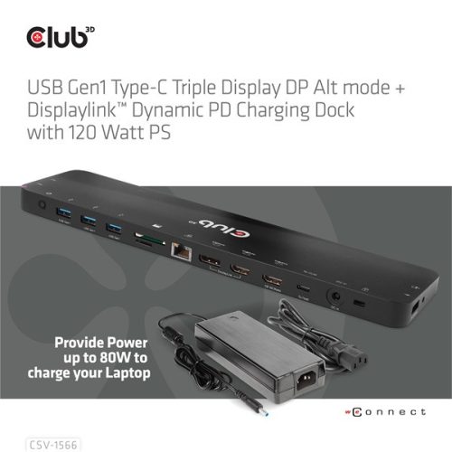 Club 3D Notebook Dokkoló - CSV-1566 (120W, USB-C to 5x USB-A Gen 1, USB-C  Gen 1, 2xHDMI, DP, RJ45, SD.TF. 3,5 Jack, DC)