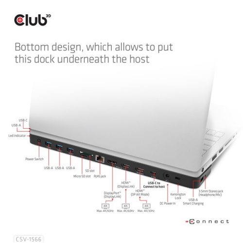 Club 3D Notebook Dokkoló - CSV-1566 (120W, USB-C to 5x USB-A Gen 1, USB-C  Gen 1, 2xHDMI, DP, RJ45, SD.TF. 3,5 Jack, DC)