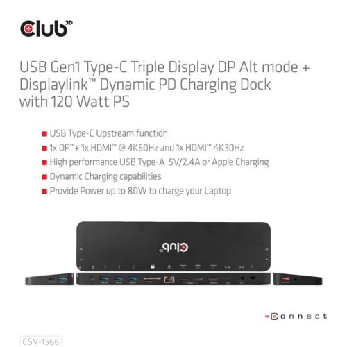 Club 3D Notebook Dokkoló - CSV-1566 (120W, USB-C to 5x USB-A Gen 1, USB-C  Gen 1, 2xHDMI, DP, RJ45, SD.TF. 3,5 Jack, DC)