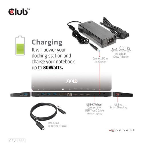 Club 3D Notebook Dokkoló - CSV-1566 (120W, USB-C to 5x USB-A Gen 1, USB-C  Gen 1, 2xHDMI, DP, RJ45, SD.TF. 3,5 Jack, DC)