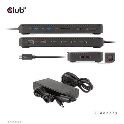 Club 3D Notebook Dokkoló - CSV-1581 (140W, Thunderbolt 4 to 3xThunderbolt 4, 3xUSB-A, SD, TF, RJ45, 3,5 Jack, DC)