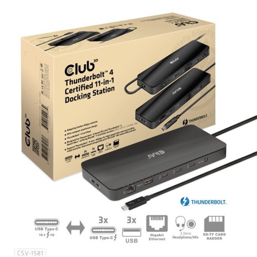 Club 3D Notebook Dokkoló - CSV-1581 (140W, Thunderbolt 4 to 3xThunderbolt 4, 3xUSB-A, SD, TF, RJ45, 3,5 Jack, DC)
