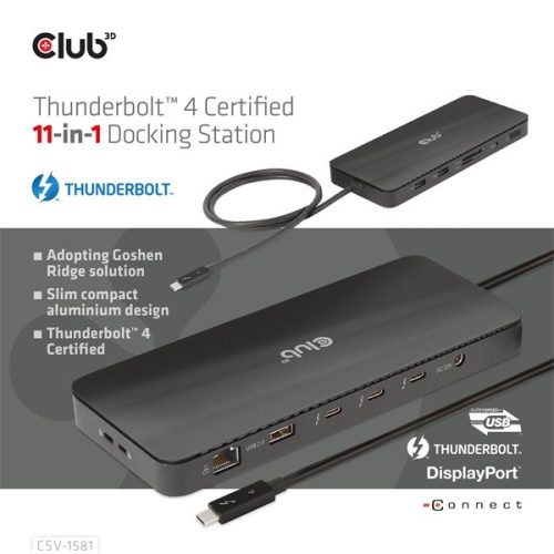 Club 3D Notebook Dokkoló - CSV-1581 (140W, Thunderbolt 4 to 3xThunderbolt 4, 3xUSB-A, SD, TF, RJ45, 3,5 Jack, DC)