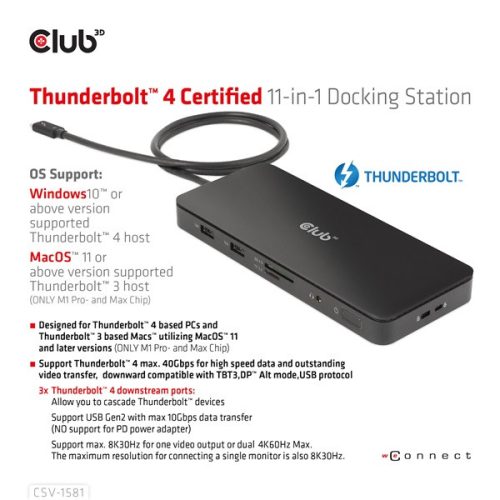 Club 3D Notebook Dokkoló - CSV-1581 (140W, Thunderbolt 4 to 3xThunderbolt 4, 3xUSB-A, SD, TF, RJ45, 3,5 Jack, DC)