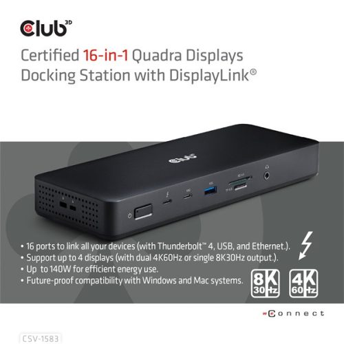 Club 3D Notebook Dokkoló - CSV-1583 (140W, 2xThunderbolt 4, 3xDP, 2xHDMI, USB-C, 3xUSB-A, SD, TF, RJ45, 3,5 Jack, DC)
