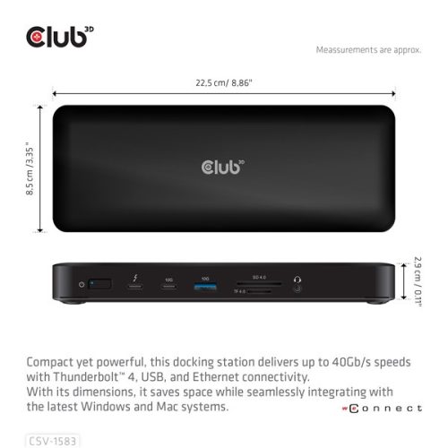 Club 3D Notebook Dokkoló - CSV-1583 (140W, 2xThunderbolt 4, 3xDP, 2xHDMI, USB-C, 3xUSB-A, SD, TF, RJ45, 3,5 Jack, DC)