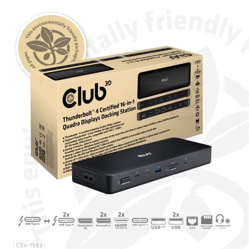 Club 3D Notebook Dokkoló - CSV-1583 (140W, 2xThunderbolt 4, 3xDP, 2xHDMI, USB-C, 3xUSB-A, SD, TF, RJ45, 3,5 Jack, DC)