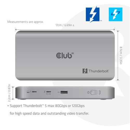 Club 3D Notebook Dokkoló - CSV-2563 (180W,Thunderbolt 5 to 3xUSB-C, USB-A, 1x 8K60Hz, 3x 5K60Hz)