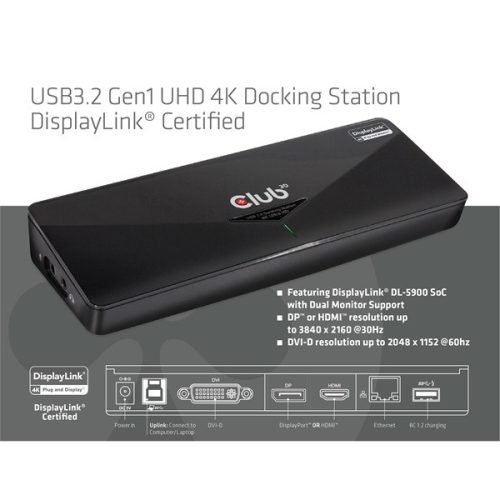 Club 3D Notebook Dokkoló - CSV-3103D (DUAL DISPLAY/4K, 3.2 USB-A to HDMI, DP, DVI-D, 3xUSB-A, RJ45, 3.5 Jack Audio +Mic)