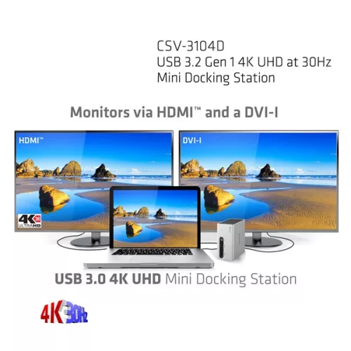 Club 3D Notebook Dokkoló - CSV-3104D (4K UHD, 3.0 USB-A to HDMI, DVI-I, 4xUSB-A, RJ45, 3.5 Jack Audio + Mic)