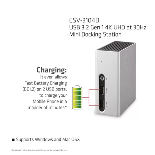 Club 3D Notebook Dokkoló - CSV-3104D (4K UHD, 3.0 USB-A to HDMI, DVI-I, 4xUSB-A, RJ45, 3.5 Jack Audio + Mic)