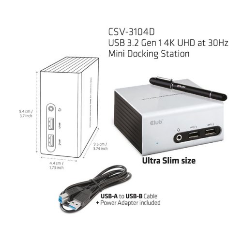 Club 3D Notebook Dokkoló - CSV-3104D (4K UHD, 3.0 USB-A to HDMI, DVI-I, 4xUSB-A, RJ45, 3.5 Jack Audio + Mic)