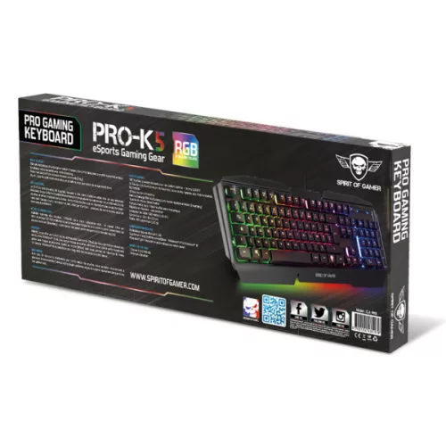 Spirit of Gamer Billentyűzet - PRO-K5 (105 gomb, Fém felső rész, RGB LED, USB, 19 anti-ghost, fekete, magyar)