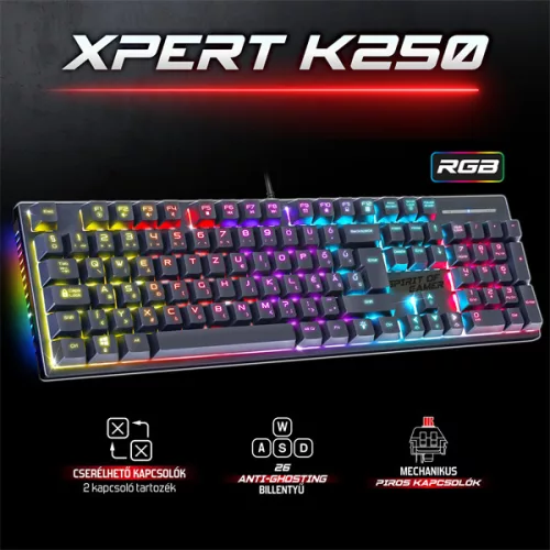 Spirit of Gamer XPERT K250 Mechanikus Gamer billentyűzet - HU, RED switch, Színes, Mechanikus, Normál, anti ghosting, vezetékes