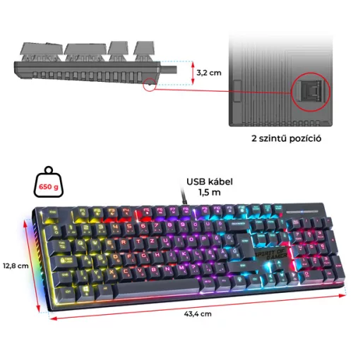 Spirit of Gamer XPERT K250 Mechanikus Gamer billentyűzet - HU, RED switch, Színes, Mechanikus, Normál, anti ghosting, vezetékes