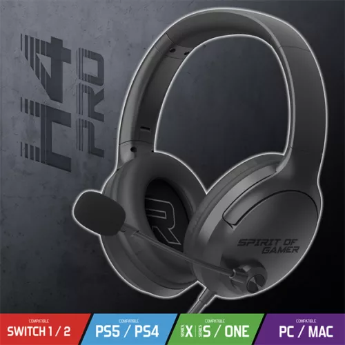 Spirit of Gamer Fejhallgató PRO-H4 Black MultiPlatform, Mikrofon, 3.5mm Jack, Hangerőszabályzó, Fekete