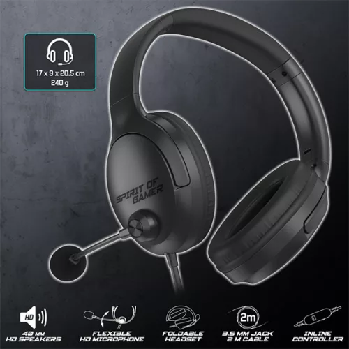 Spirit of Gamer Fejhallgató PRO-H4 Black MultiPlatform, Mikrofon, 3.5mm Jack, Hangerőszabályzó, Fekete
