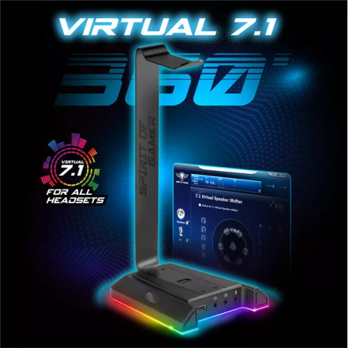 Spirit of Gamer Fejhallgató Állvány SENTINEL 7.1 3,5mm Jack + 2xUSB2.0, Kábelvezetés, 7.1 Hangkártya, 1,8m Kábel