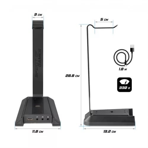 Spirit of Gamer Fejhallgató Állvány SENTINEL 7.1 3,5mm Jack + 2xUSB2.0, Kábelvezetés, 7.1 Hangkártya, 1,8m Kábel
