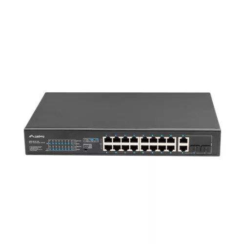 Lanberg Switch menedzsment nélküli, 16x 100Mb PoE+/ 2x 1GB/1X SFP, 10", 19" rackes (150W)