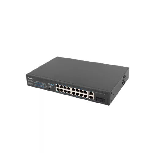 Lanberg Switch menedzsment nélküli, 16x 100Mb PoE+/ 2x 1GB/1X SFP, 10", 19" rackes (150W)