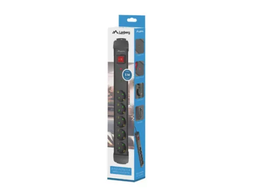 Lanberg SP1-05F-0500-BK 5x Schuko aljzat túlfeszültség ellen védett 5m kapcsolós fekete elosztósor