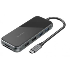   Vention USB-C -> HDMI/ VGA/USB3.0*2/USB2.0*2/RJ45/TF/SD/PD (0,15m, szürke, tükrös felületű), Dokkoló