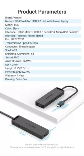 Vention USB-C -> USB-A 3.0*4 & Micro B USB 1m, Hub