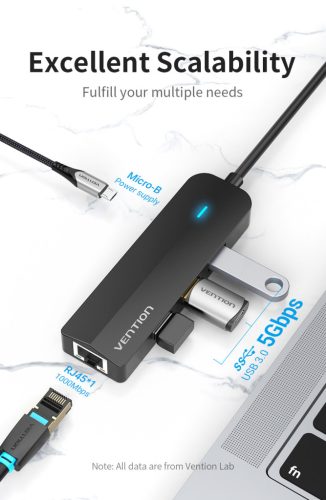 Vention USB-C -> USB3.0*3/Micro USB-B/RJ45 0,15m, Hub
