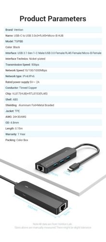 Vention USB-C -> USB3.0*3/Micro USB-B/RJ45 0,15m, Hub