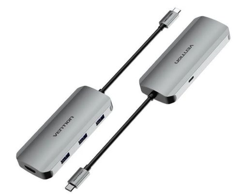 Vention USB-C -> HDMI/USB 3.0x3/PD (0,15m Szürke Aluminum Ötvözet), Dokkoló
