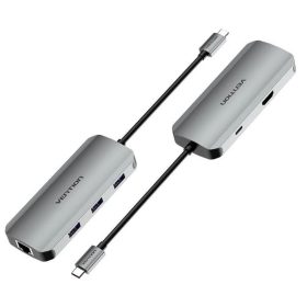   Vention USB-C -> HDMI/USB 3.0x3/RJ45/PD (0,15m Szürke Aluminum Ötvözet), Dokkoló
