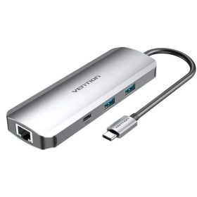   Vention USB-C -> HDMI/USB-C Gen 1/USB3.0x2/RJ45/SD/TF/TRRS 3.5mm/PD (0,15m Szürke Aluminum Ötvözet), Dokkoló