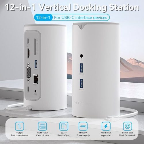 Vention USB-C -> HDMI/VGA/USB 3.1 Gen 1-C/USB 3.0x3/RJ45/SD/TF/TRRS 3.5mm/PD/DC,  0.25M, dokkoló