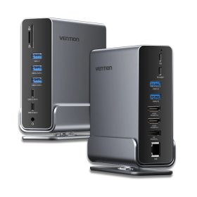   Vention USB-C -> Displayport/HDMI x 2/USB 3.2 Gen 2 USB-C/USB 3.2 Gen 2 Type-A x 2/USB 3.2 Gen 1 USB-C/USB 3.0/USB 2.0 x 2/RJ45/SD/TF/3.5mm TRRS/PD MST  (0,15m Szürke Aluminum Ötvözet) Dokkoló